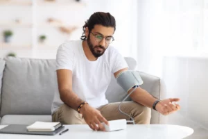 homme assis sur canapé qui prend sa tension